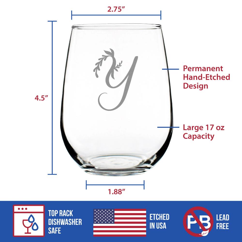 Monogram Floral Letter Y - Stemless Wine Glass - Personalized Gifts for Women and Men - Large Engraved 17 Oz Glasses