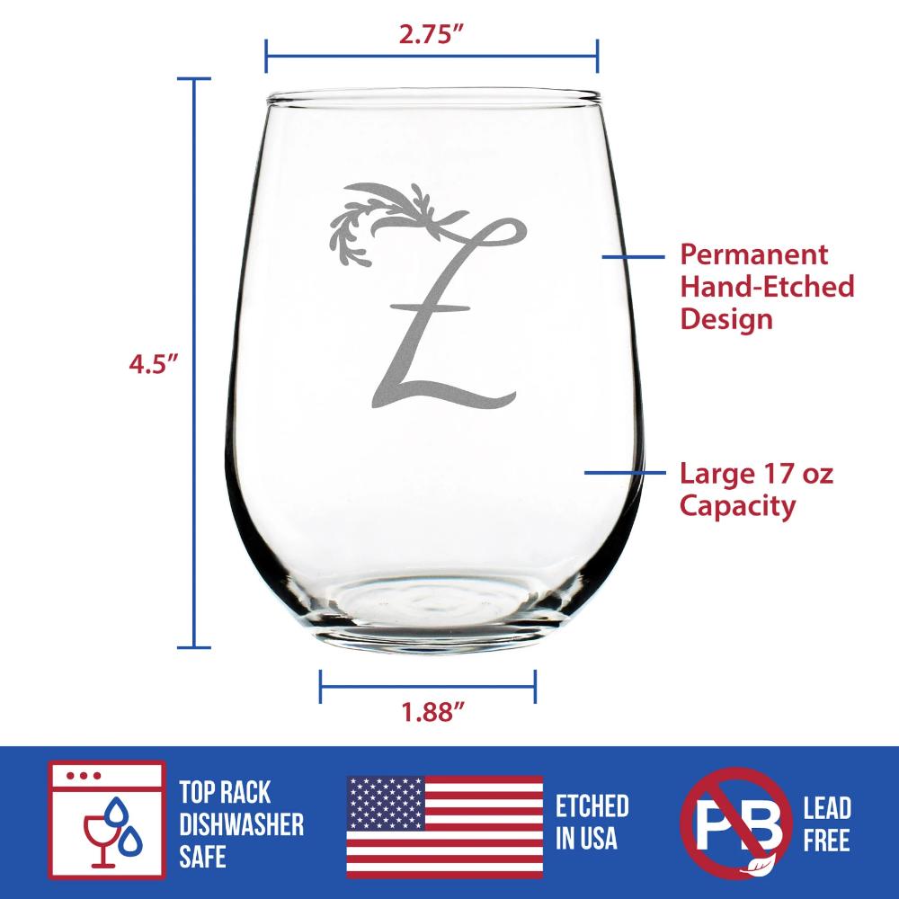 Monogram Floral Letter Z - Stemless Wine Glass - Personalized Gifts for Women and Men - Large Engraved 17 Oz Glasses