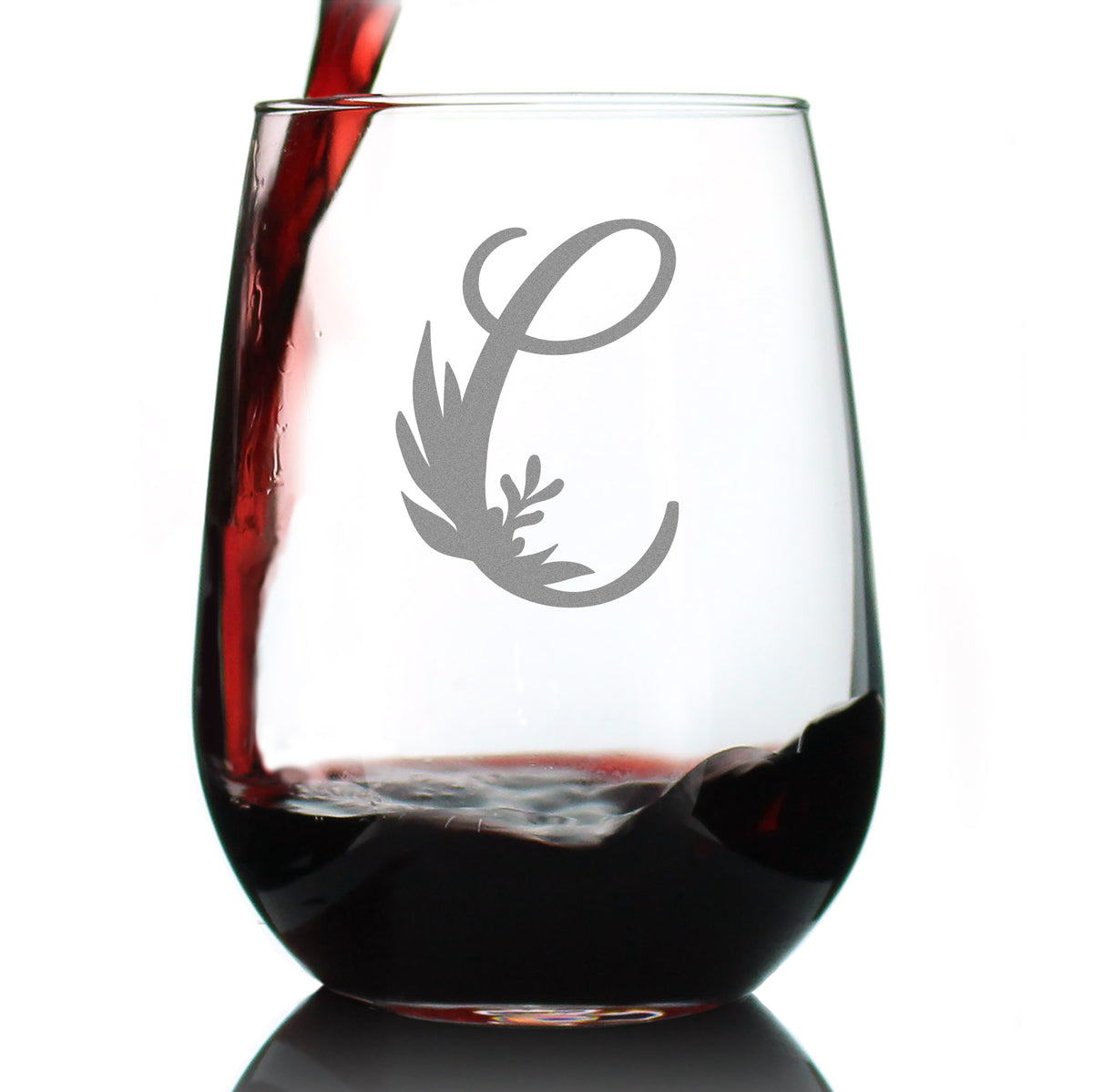 Monogram Floral Letter C - Stemless Wine Glass - Personalized Gifts for Women and Men - Large Engraved Glasses