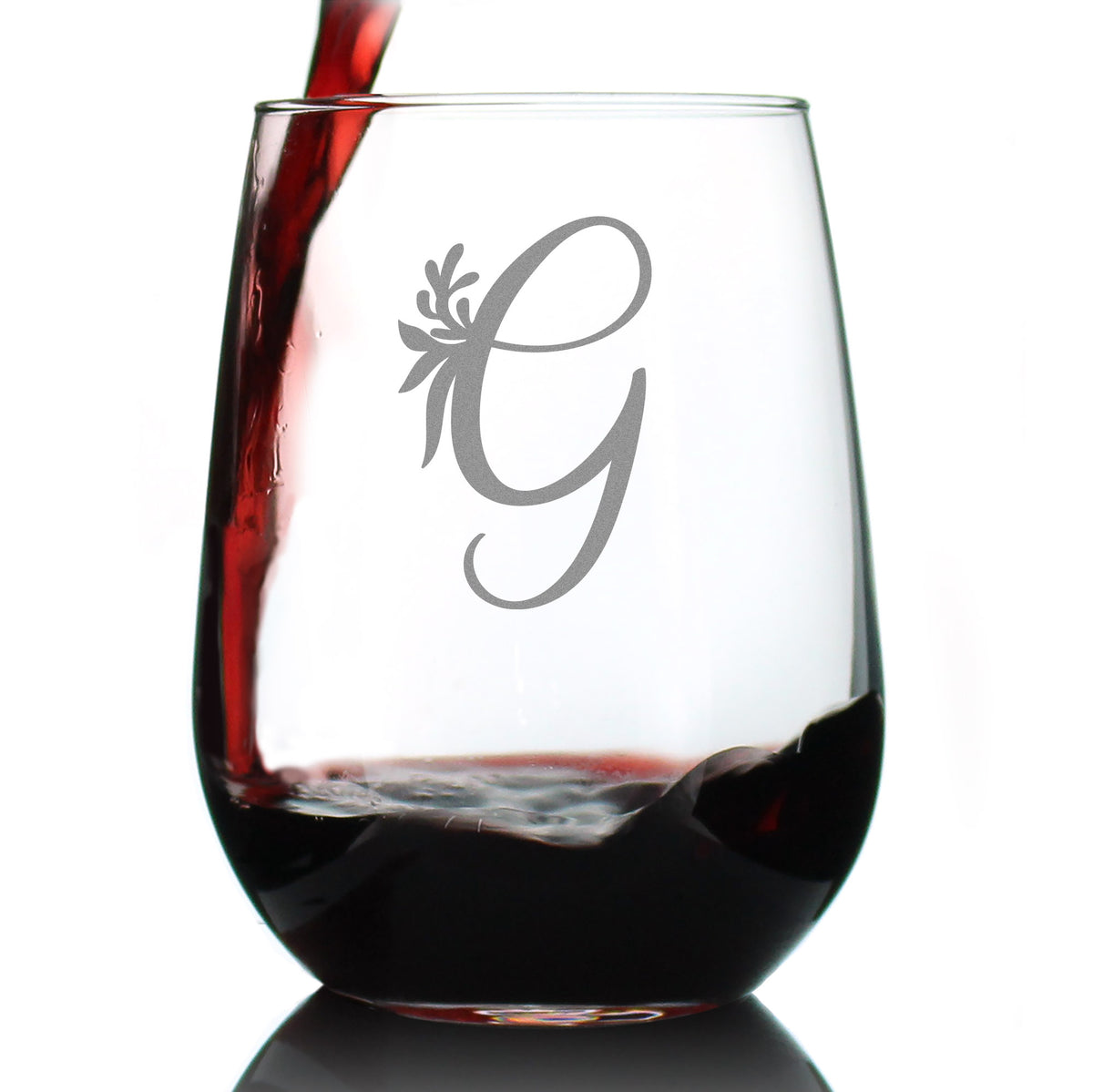 Monogram Floral Letter G - Stemless Wine Glass - Personalized Gifts for Women and Men - Large Engraved 17 Oz Glasses