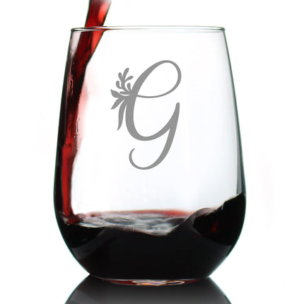 Monogram Floral Letter G - Stemless Wine Glass - Personalized Gifts for Women and Men - Large Engraved 17 Oz Glasses