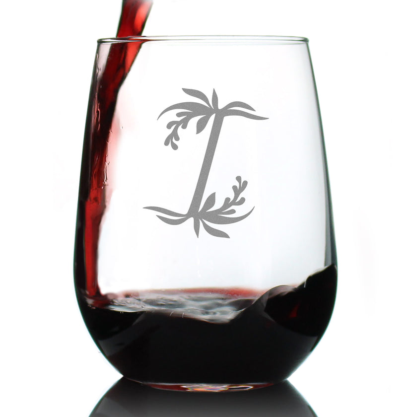 Monogram Floral Letter I - Stemless Wine Glass - Personalized Gifts for Women and Men - Large Engraved 17 Oz Glasses