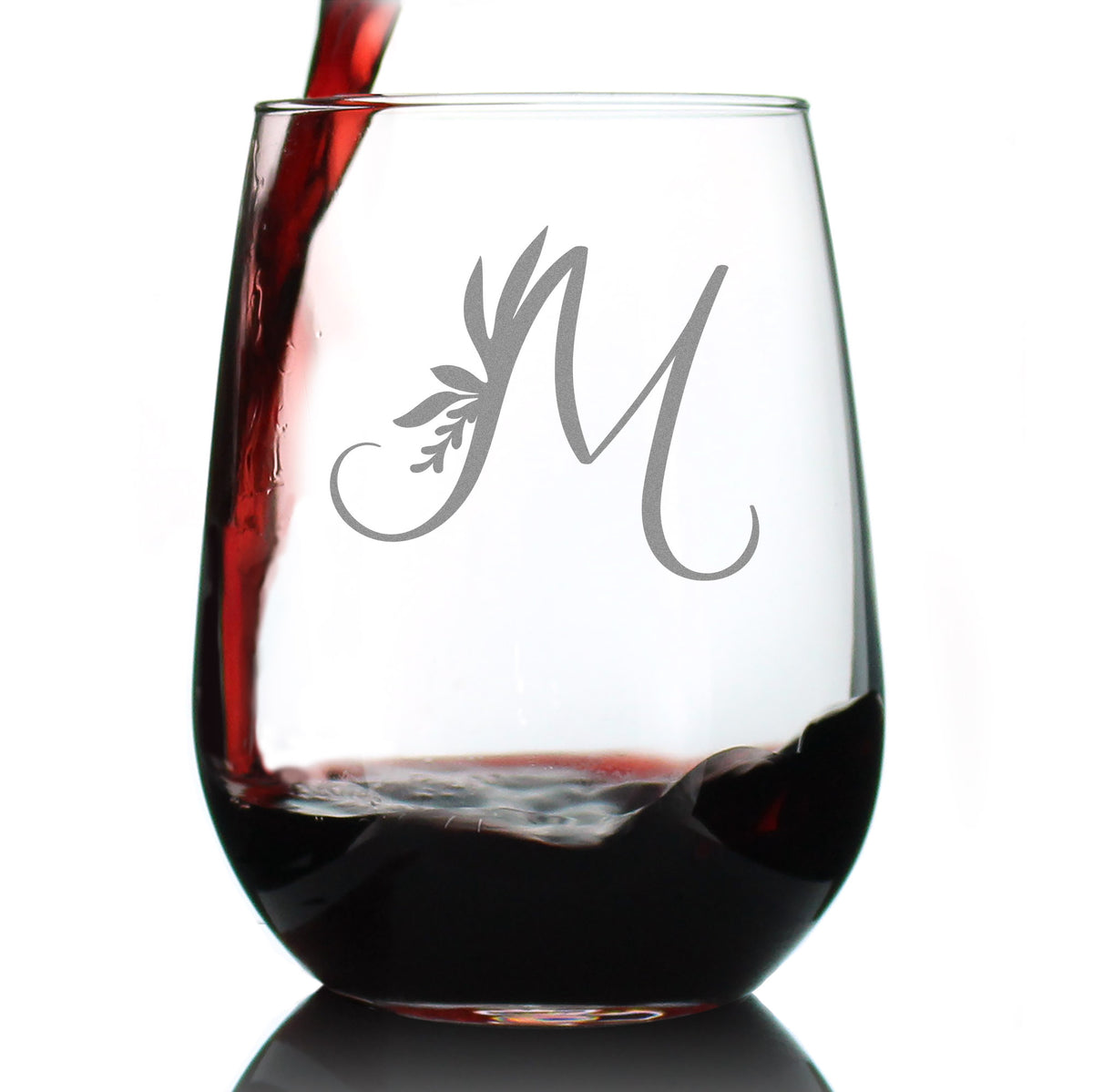 Monogram Floral Letter M - Stemless Wine Glass - Personalized Gifts for Women and Men - Large Engraved Glasses