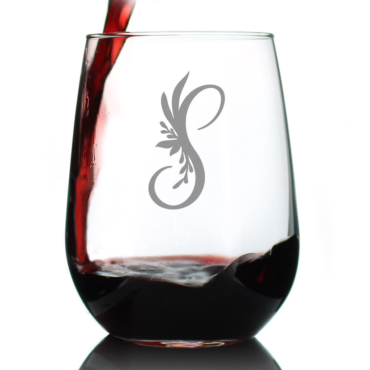 Monogram Floral Letter S - Stemless Wine Glass - Personalized Gifts for Women and Men - Large Engraved 17 Oz Glasses