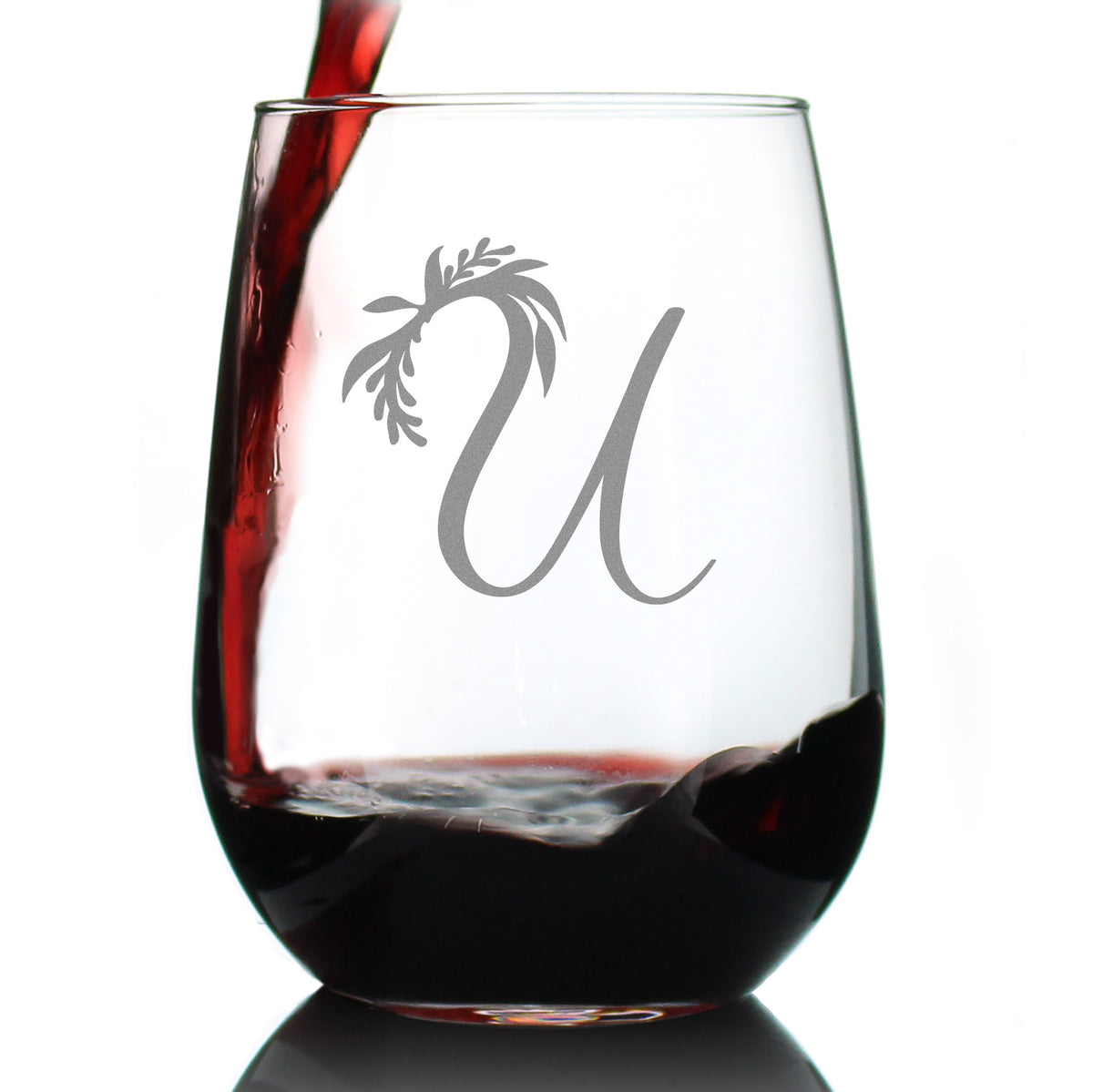 Monogram Floral Letter U - Stemless Wine Glass - Personalized Gifts for Women and Men - Large Engraved 17 Oz Glasses