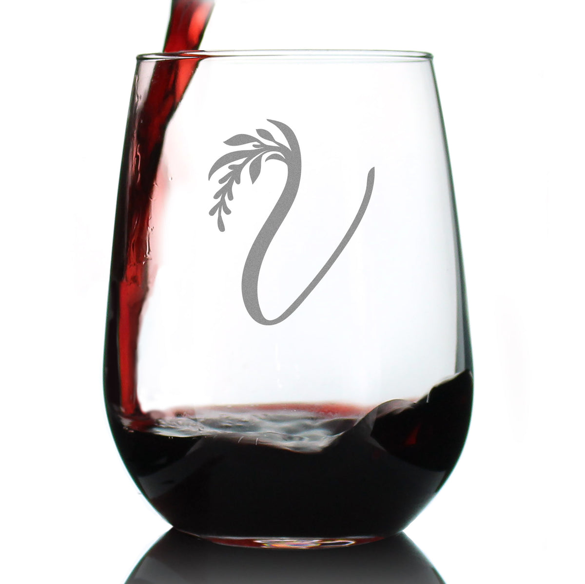 Monogram Floral Letter V - Stemless Wine Glass - Personalized Gifts for Women and Men - Large Engraved 17 Oz Glasses
