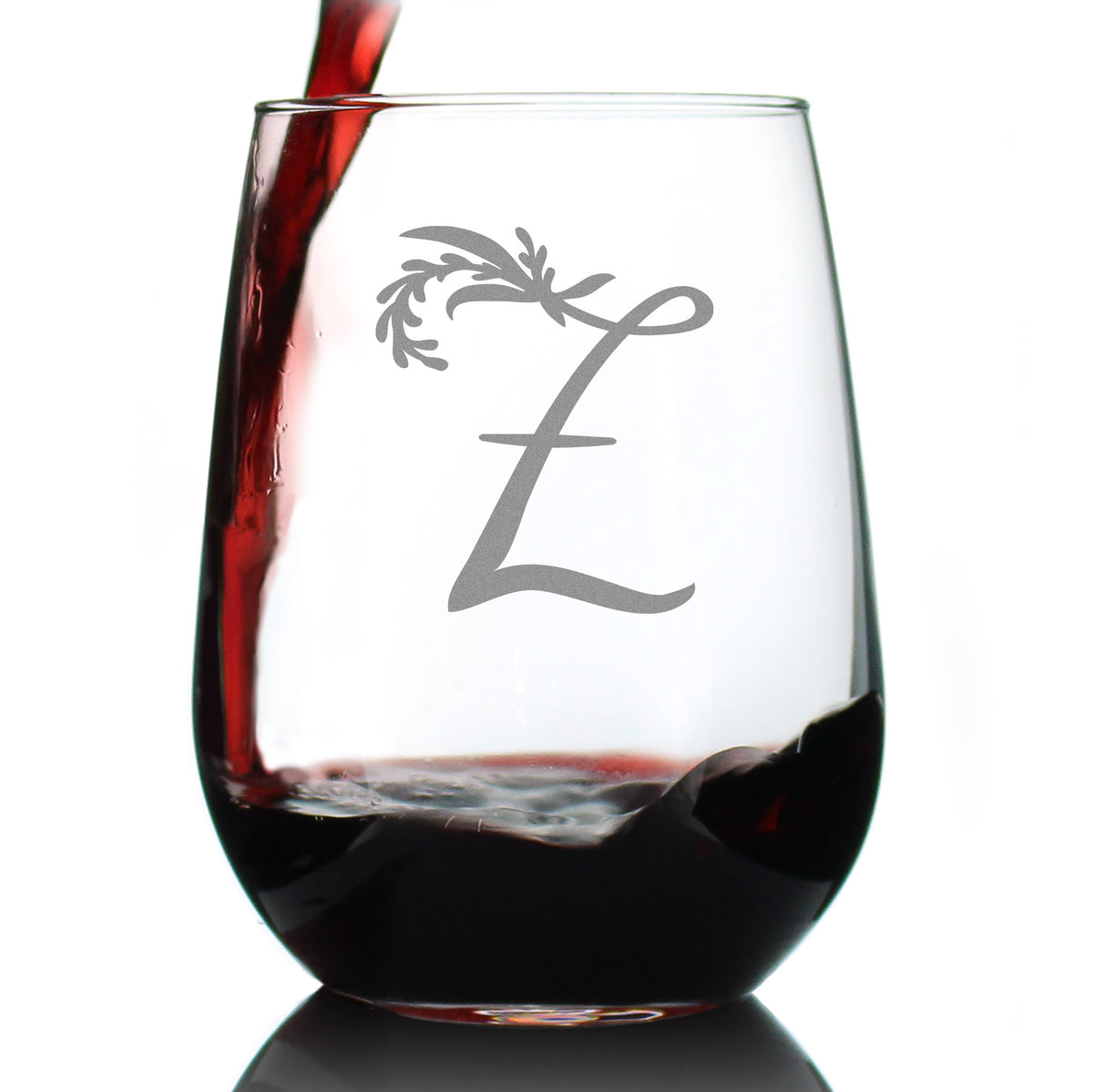 Monogram Floral Letter Z - Stemless Wine Glass - Personalized Gifts for Women and Men - Large Engraved 17 Oz Glasses