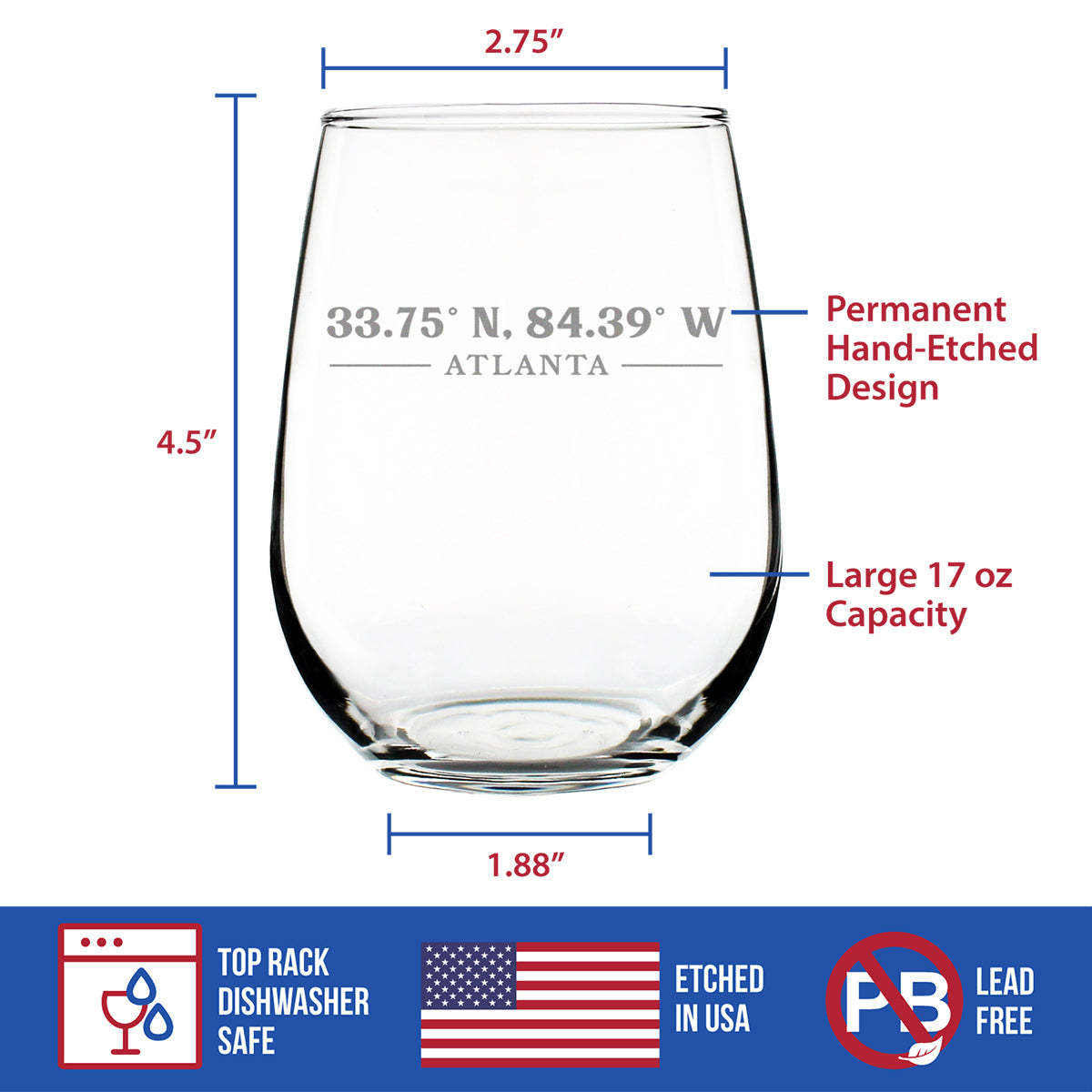 Atlanta Coordinates - 17 Ounce Stemless Wine Glass