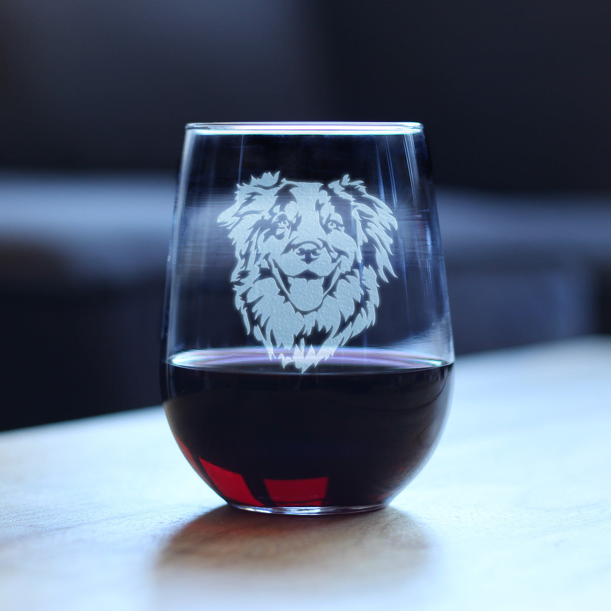 Australian Shepherd Face Stemless Wine Glass - Cute Dog Themed Decor and Gifts for Moms &amp; Dads of Aussies - Large 17 Oz