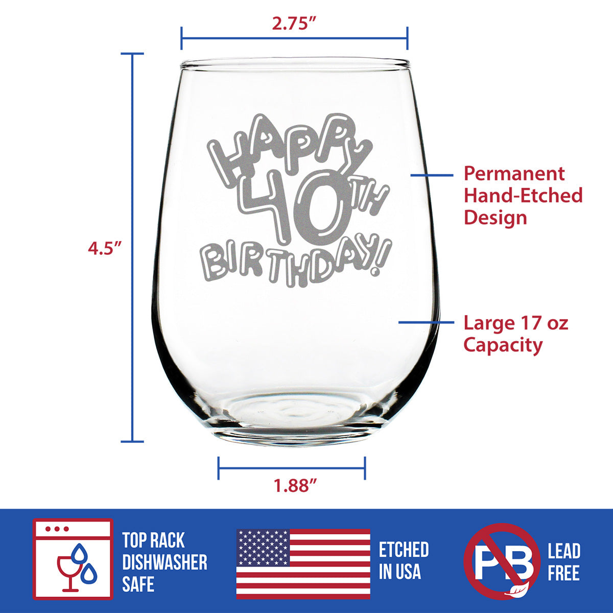 Happy 40th Birthday Balloons - Stemless Wine Glass Gifts for Women &amp; Men Turning 40 - Bday Party Decor - Large Glasses 17 Oz