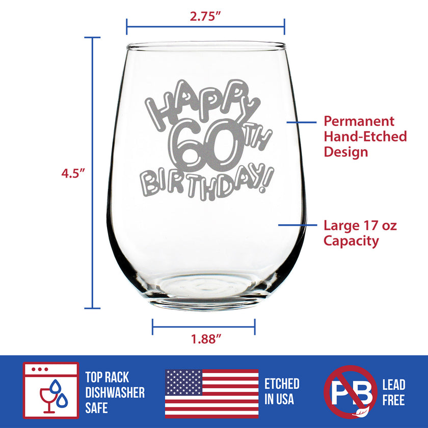 Happy 60th Birthday Balloons - Stemless Wine Glass Gifts for Women & Men Turning 60 - Bday Party Decor - Large Glasses 17 Oz