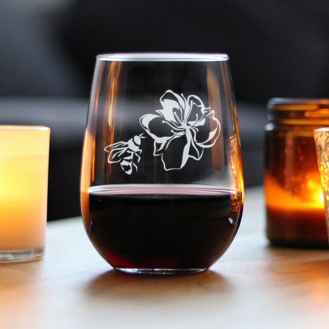 Bee Flower - Cute Gifts for Bumblebee & Nature Lovers - 17 Ounce Stemless Wine Glass