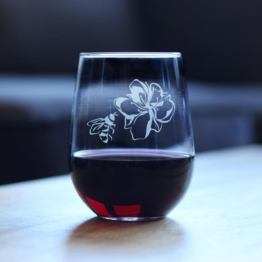 Bee Flower - Cute Gifts for Bumblebee & Nature Lovers - 17 Ounce Stemless Wine Glass