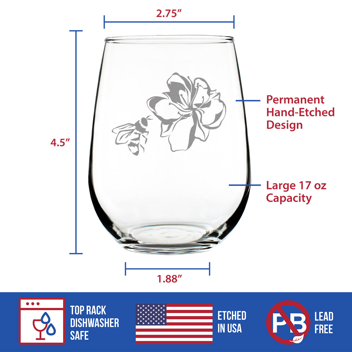 Bee Flower - Cute Gifts for Bumblebee & Nature Lovers - 17 Ounce Stemless Wine Glass