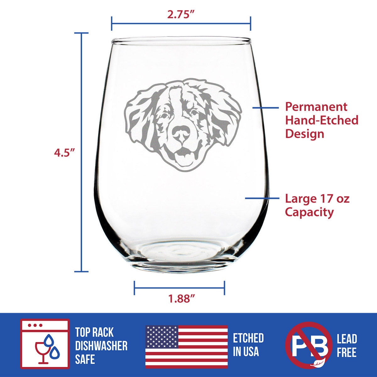 Bernese Mountain Dog Face Stemless Wine Glass - Cute Dog Themed Decor and Gifts for Moms &amp; Dads of Berneses - Large 17 Oz