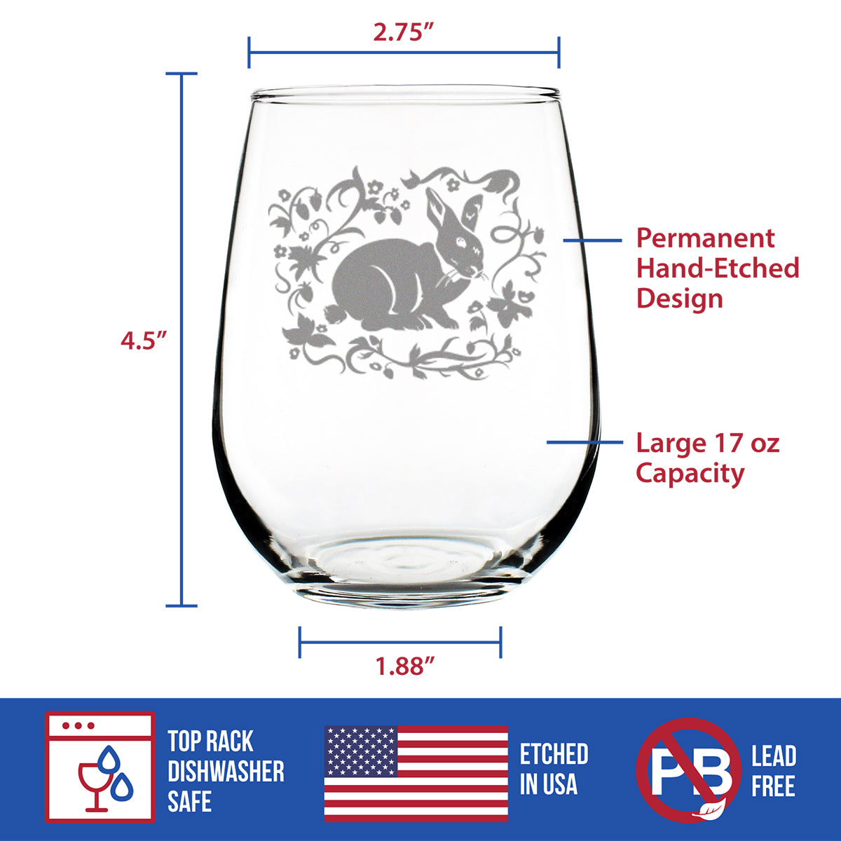 Berry Patch Bunny Rabbit - Stemless Wine Glass - Hand Engraved Gifts for Men &amp; Women That Love Bunnies
