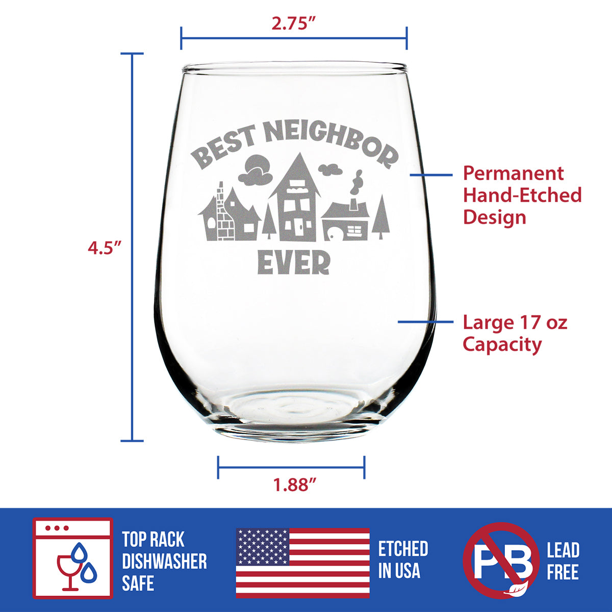Best Neighbor Ever - Funny Stemless Wine Glass, Large 17 Ounce Size, Etched Sayings, Moving Gift