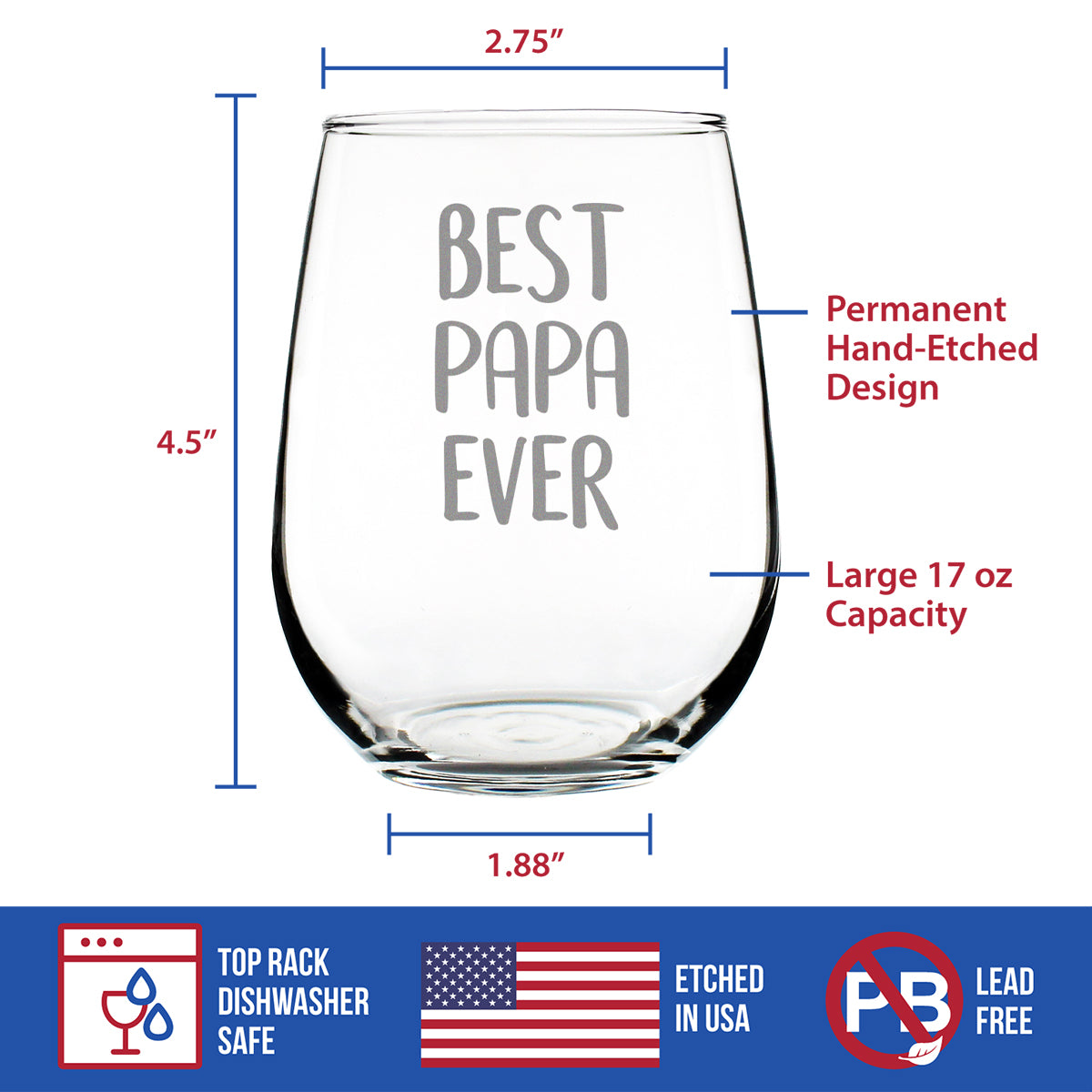 Best Papa Ever Cute Stemless Wine Glass, Large 17 Ounce Size, Etched S -  bevvee