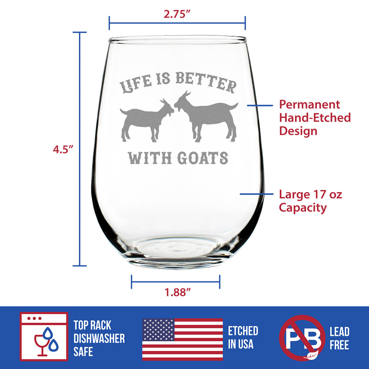 Life is Better With Goats - Goat Stemless Wine Glass - Cute Funny Farm Animal Themed Decor and Gifts - Large 17 Oz