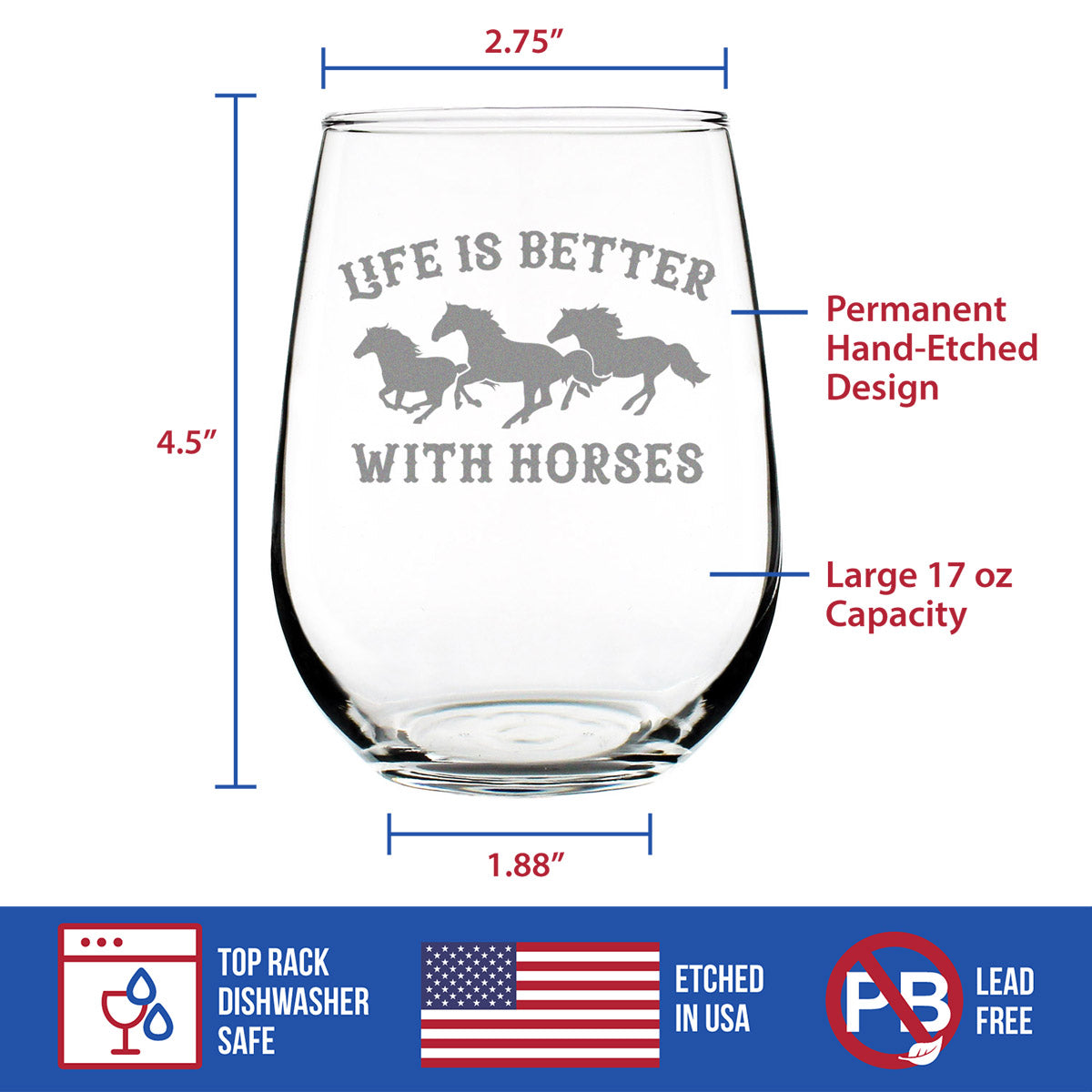 Life Is Better With Horses - Stemless Wine Glass - Funny Horse Gifts and Decor for Men &amp; Women - Large 17 oz Glasses