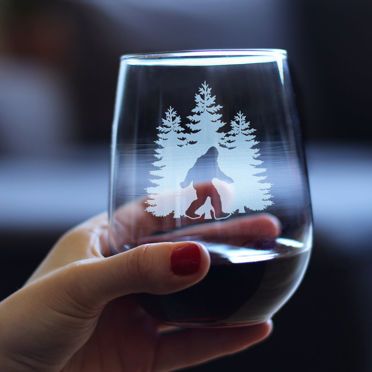 Bigfoot Engraved Stemless Wine Glass, Unique Sasquatch Themed Gifts, Funny Gift Idea for Outdoorsmen