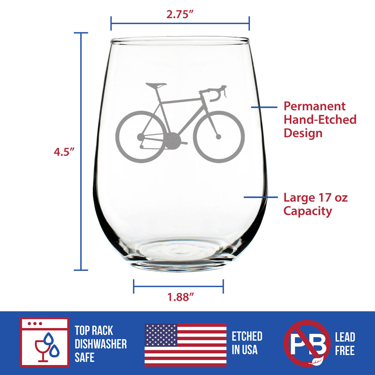 Bicycle - Stemless Wine Glass - Unique Road Biking Themed Decor and Gifts for Cyclists - Large 17 Oz Glasses