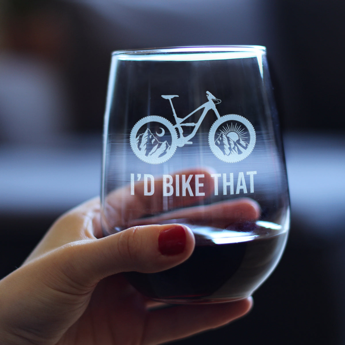 I&#39;d Bike That - Stemless Wine Glass - Bicycle Themed Decor and Gifts for Outdoor Lovers - Large 17 Oz Glasses