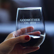 Godmother Est. 2023 -Bold- Cute Stemless Wine Glass for New Godmothers, Large 17 Ounce Size, Etched Sayings, Reveal Gift for New Godparents