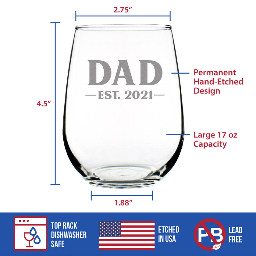 Dad Est 2021 - New Father Stemless Wine Glass Gift for First Time Parents - Bold 17 Oz Large Glasses
