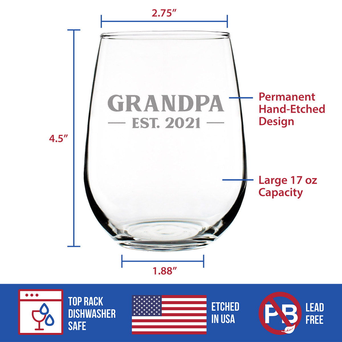 Grandpa Est 2021 - New Grandfather Stemless Wine Glass Gift for First Time Grandparents - Bold 17 Oz Large Glasses