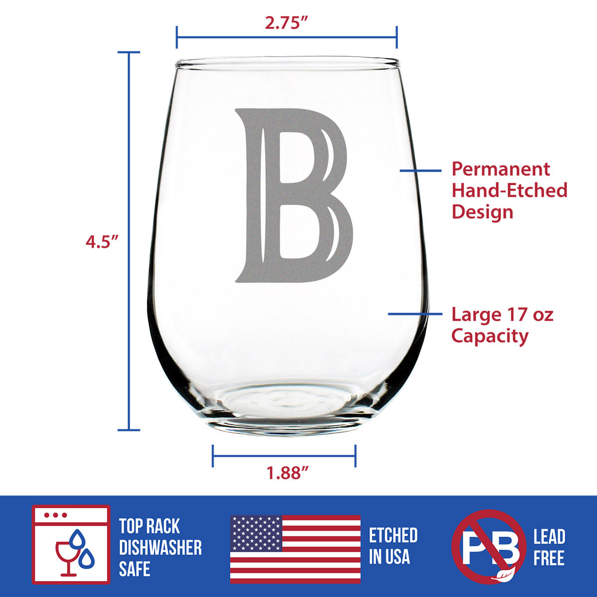 Monogram Bold Letter B - Stemless Wine Glass - Personalized Gifts for Women and Men - Large Engraved Glasses