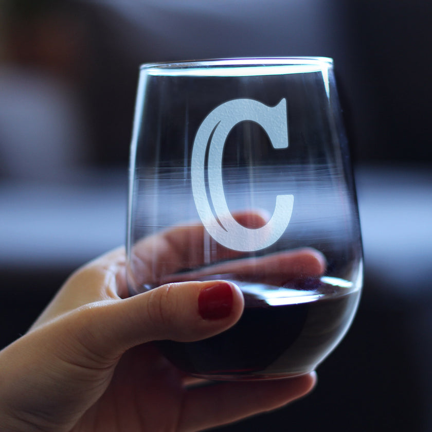Monogram Bold Letter C - Stemless Wine Glass - Personalized Gifts for Women and Men - Large Engraved Glasses