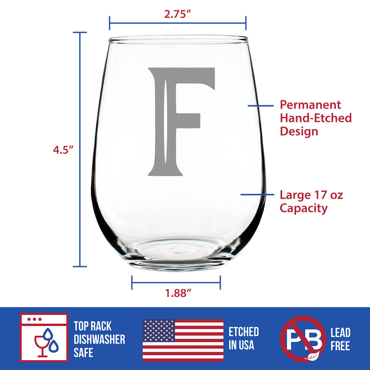 Monogram Bold Letter F - Stemless Wine Glass - Personalized Gifts for Women and Men - Large Engraved Glasses
