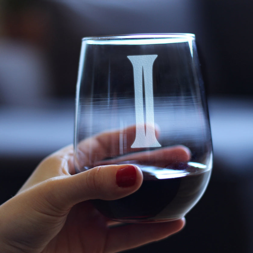 Monogram Bold Letter I - Stemless Wine Glass - Personalized Gifts for Women and Men - Large Engraved Glasses
