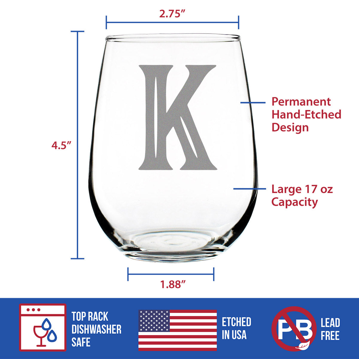 Monogram Bold Letter K - Stemless Wine Glass - Personalized Gifts for Women and Men - Large Engraved Glasses
