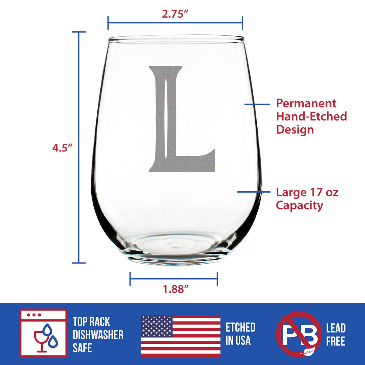 Monogram Bold Letter L - Stemless Wine Glass - Personalized Gifts for Women and Men - Large Engraved Glasses