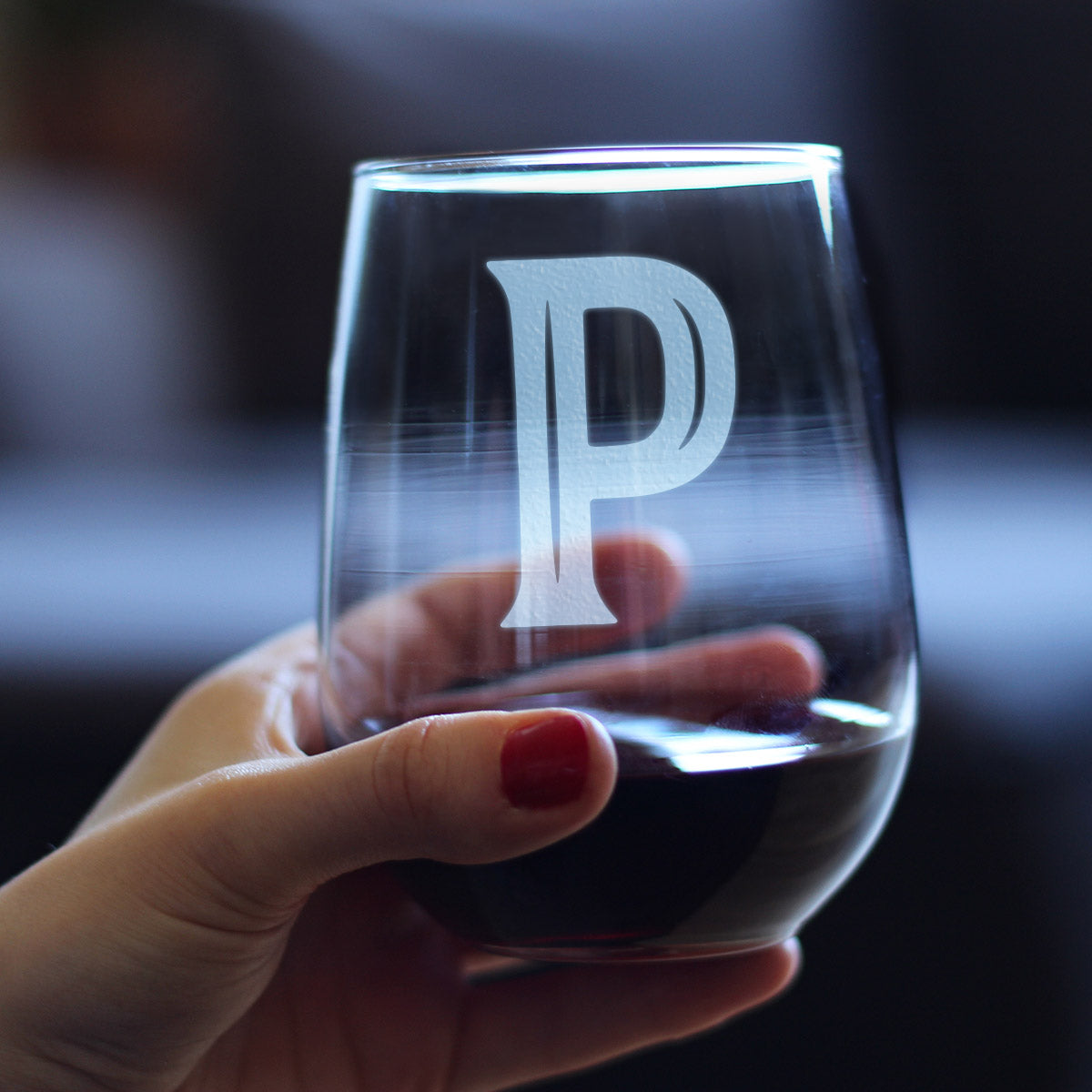 Monogram Bold Letter P - Stemless Wine Glass - Personalized Gifts for Women and Men - Large Engraved Glasses