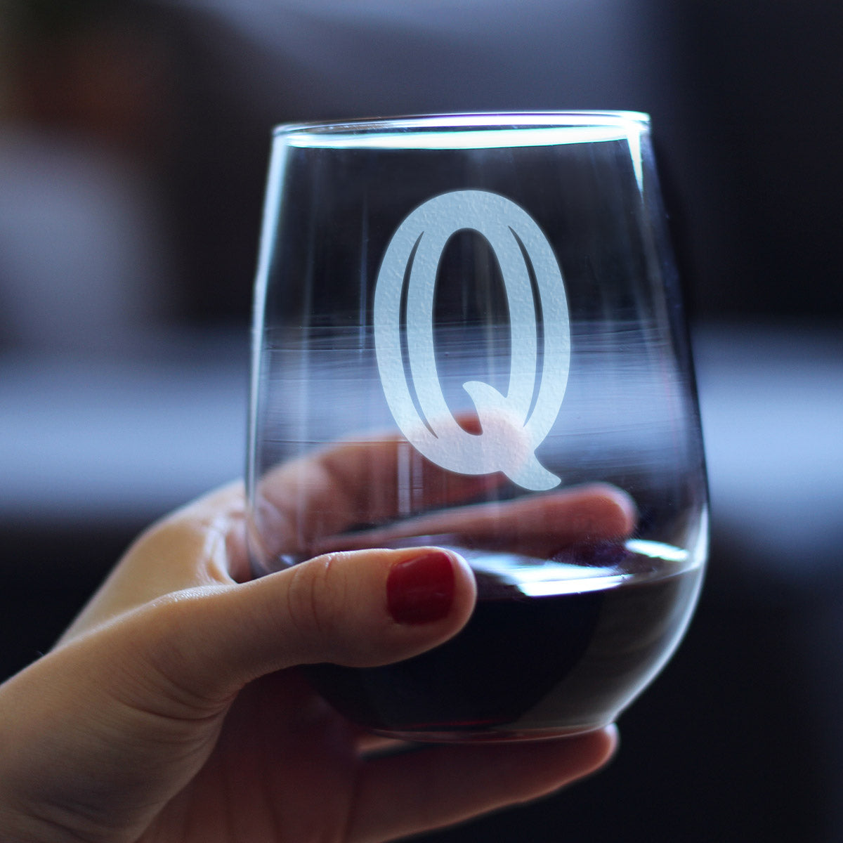 Monogram Bold Letter Q - Stemless Wine Glass - Personalized Gifts for Women and Men - Large Engraved Glasses
