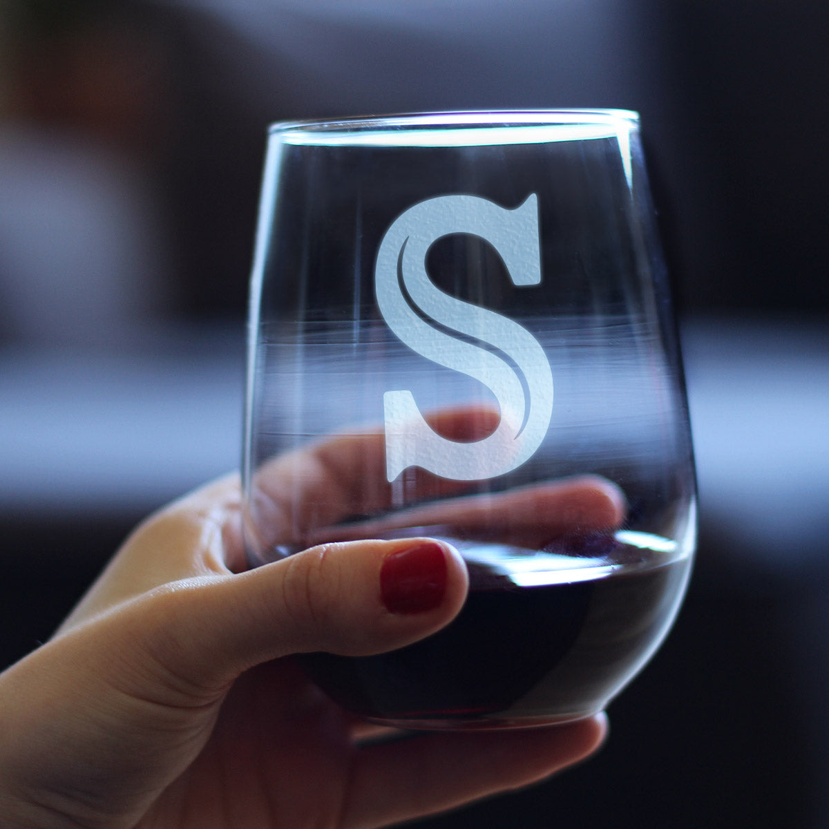 Monogram Bold Letter S - Stemless Wine Glass - Personalized Gifts for Women and Men - Large Engraved Glasses