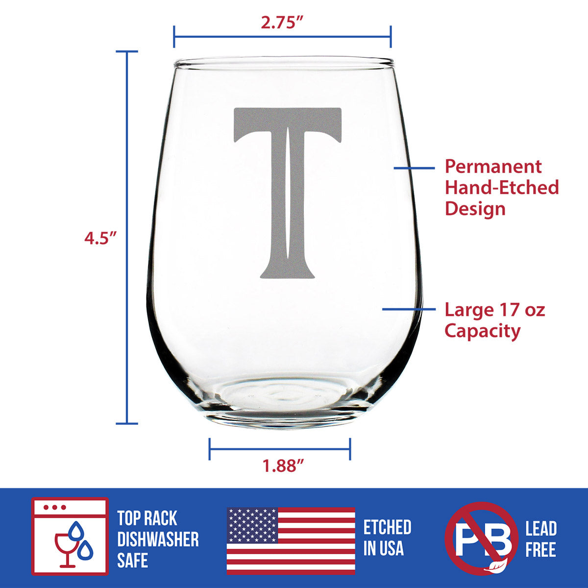 Monogram Bold Letter T - Stemless Wine Glass - Personalized Gifts for Women and Men - Large Engraved Glasses