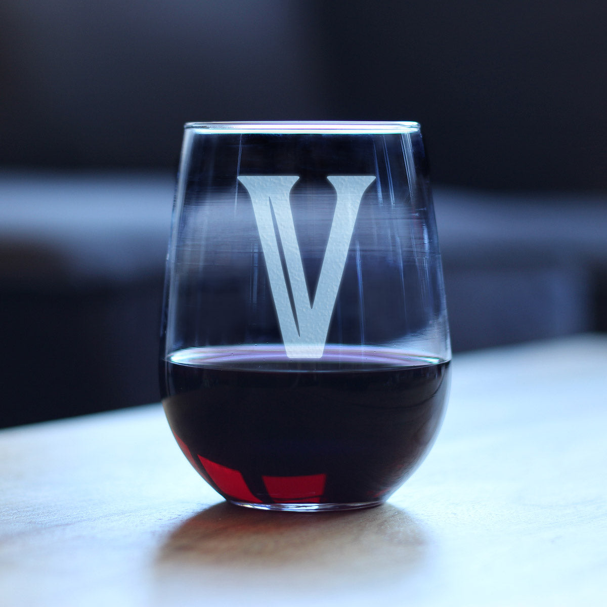 Monogram Bold Letter V - Stemless Wine Glass - Personalized Gifts for Women and Men - Large Engraved Glasses