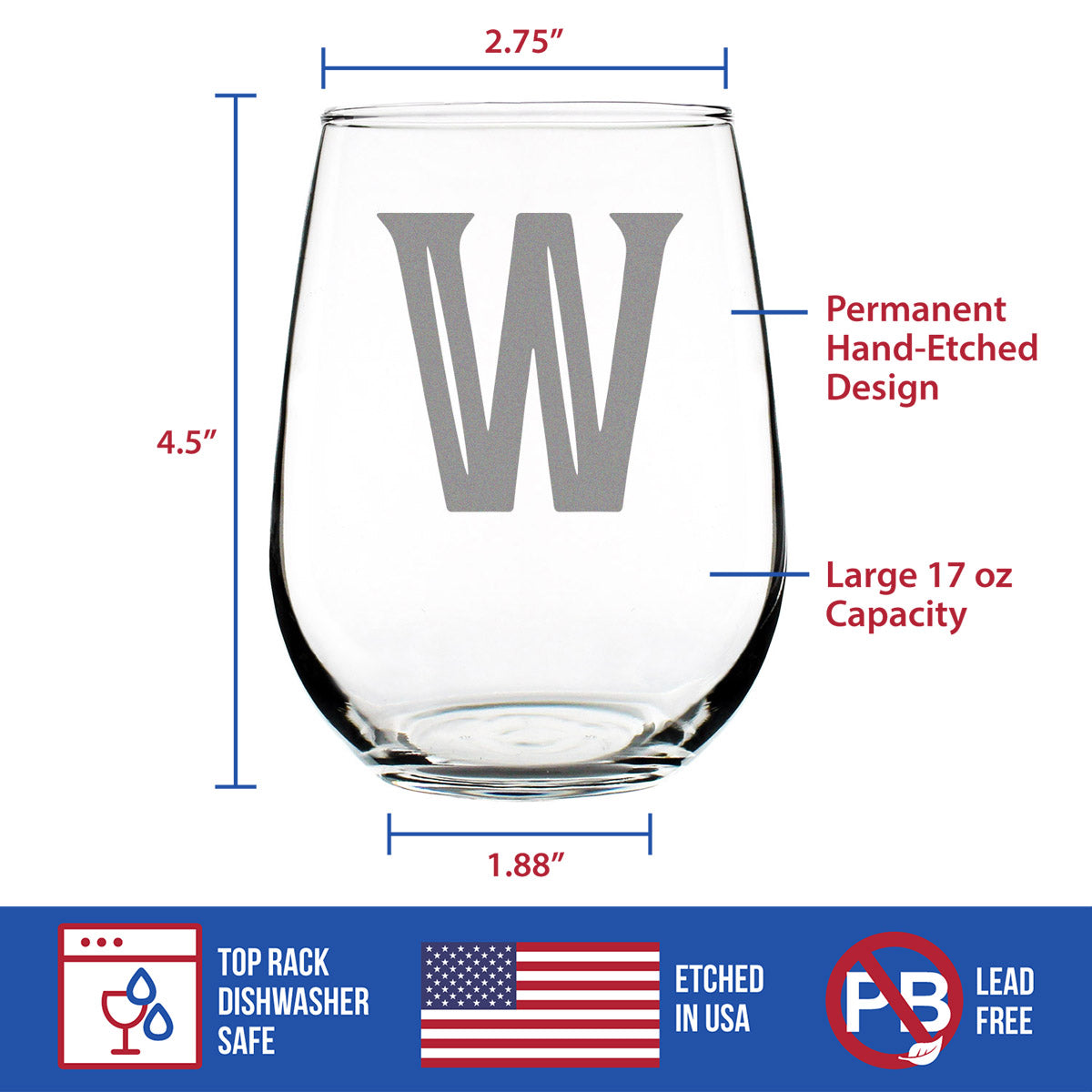 Monogram Bold Letter W - Stemless Wine Glass - Personalized Gifts for Women and Men - Large Engraved Glasses