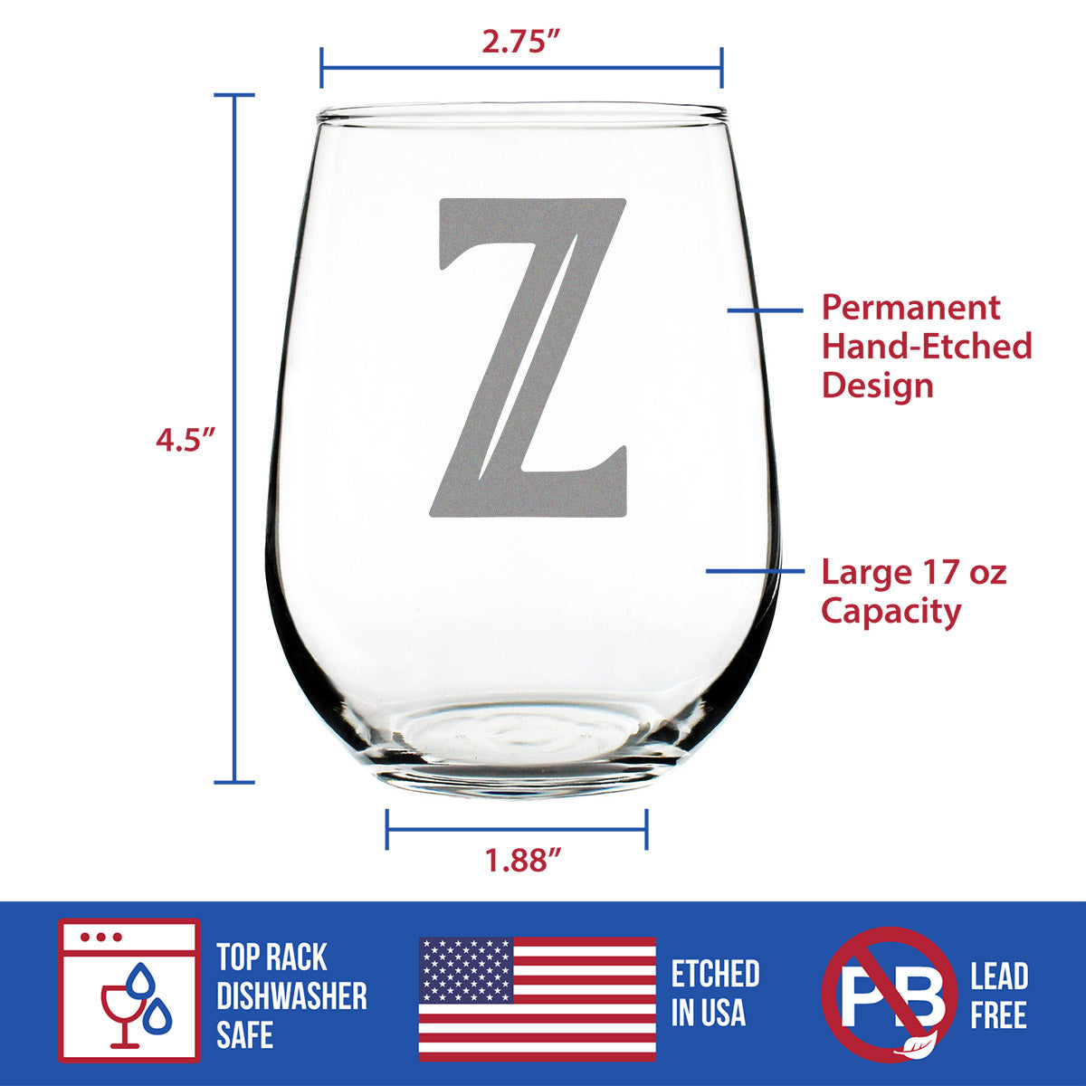 Monogram Bold Letter Z - Stemless Wine Glass - Personalized Gifts for Women and Men - Large Engraved Glasses