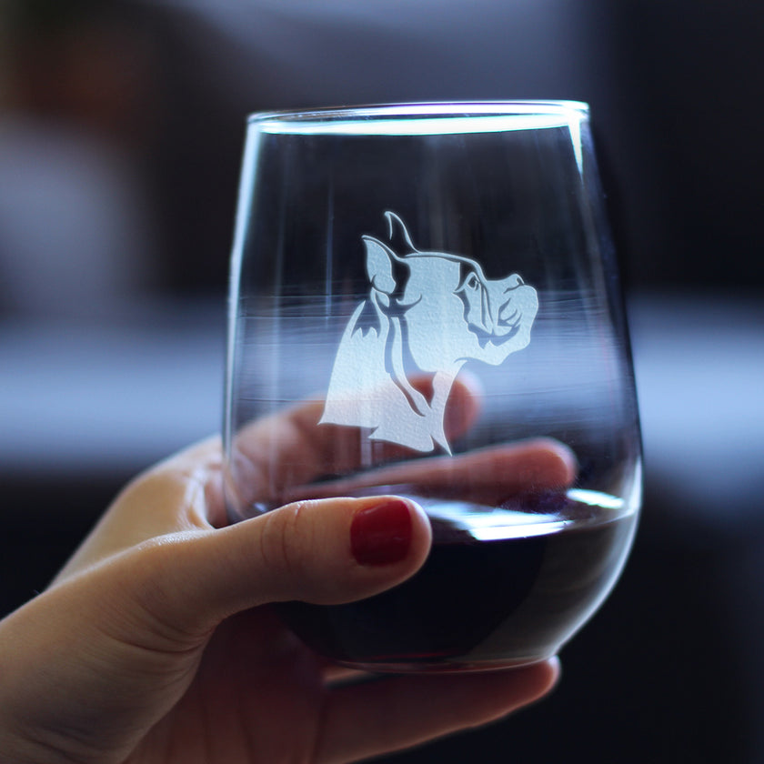 Boxer with Pointed Ears - Stemless Wine Glass - Cute Boxer Themed Dog Gifts and Party Decor for Women and Men - Large Glasses