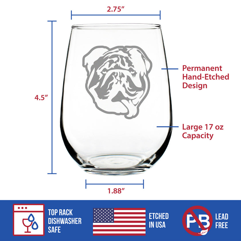 Bulldog Stemless Wine Glass - Large Glasses - Cute Gifts for Dog Lovers with English Bulldogs