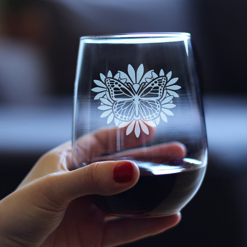 Monarch Butterfly Stemless Wine Glass - Floral Decor and Outdoorsy Gifts for Gardeners - Large 17 Oz Glasses