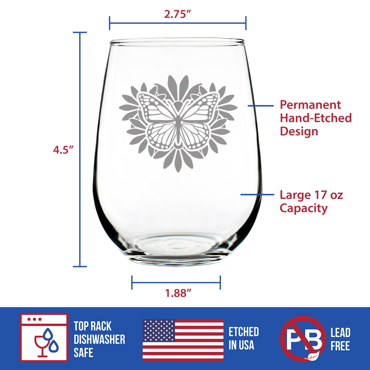 Monarch Butterfly Stemless Wine Glass - Floral Decor and Outdoorsy Gifts for Gardeners - Large 17 Oz Glasses