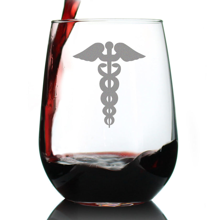 Caduceus Stemless Wine Glass for Essential Healthcare Workers, Doctors, Nurses, Medical Staff - Large 17 oz