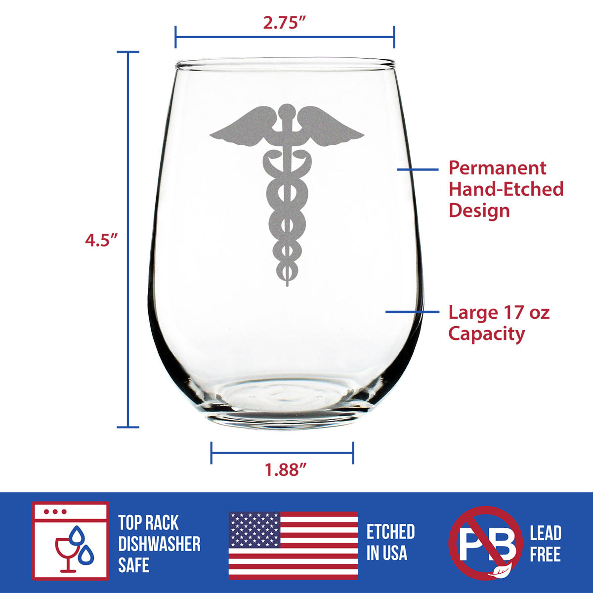 Caduceus Stemless Wine Glass for Essential Healthcare Workers, Doctors, Nurses, Medical Staff - Large 17 oz
