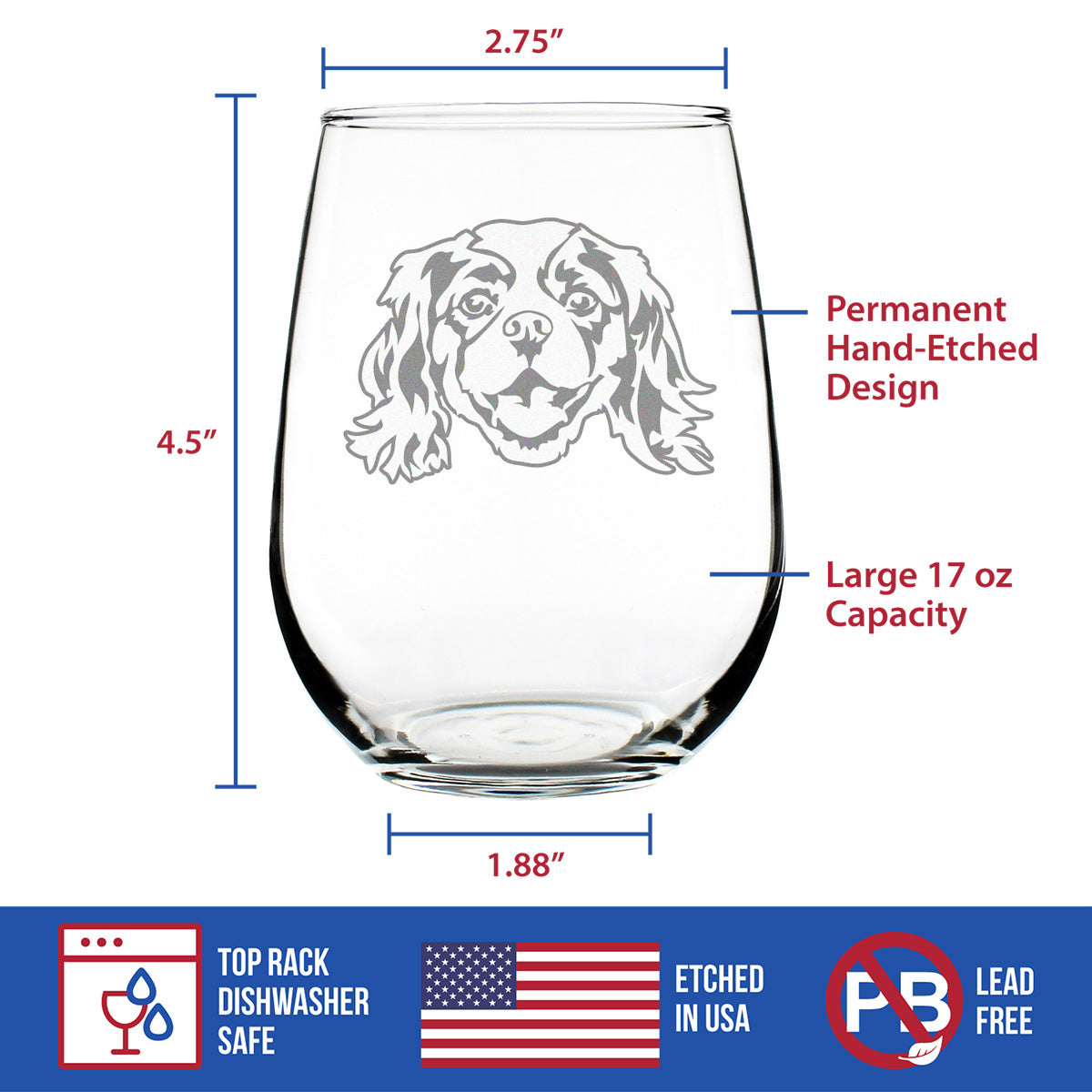 Cavalier King Charles Spaniel Stemless Wine Glass - Cute Dog Themed Decor and Gifts for Moms &amp; Dads of Cavaliers - Large 17 Oz